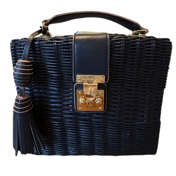 Spartina 449 Black Rattan Box Bag Leather Trim Gold Hardware Top Handle - Picture 10 of 16